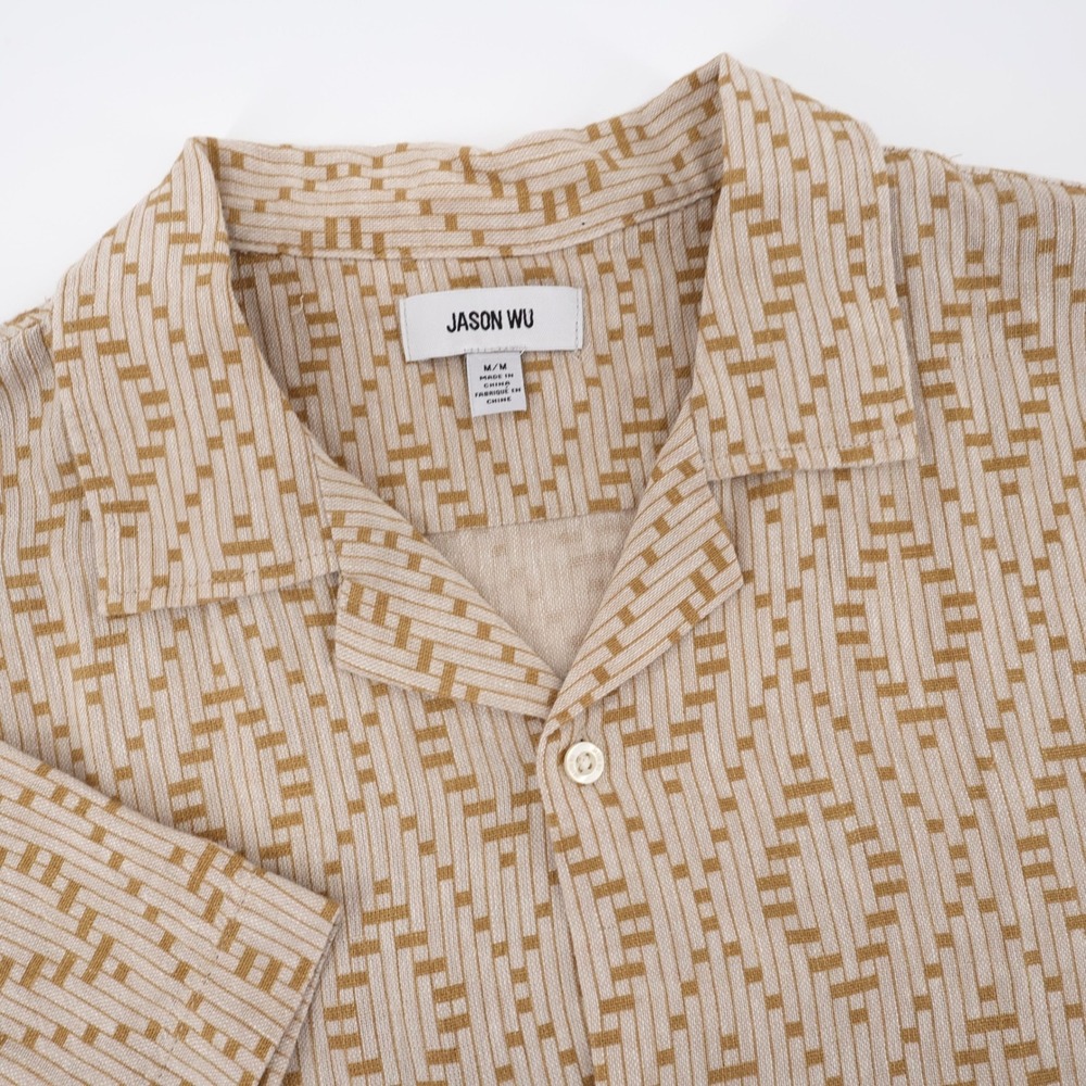 NEW Jason Wu Geometric Linen Blend Button Down Tan Short Sleeve Mens M